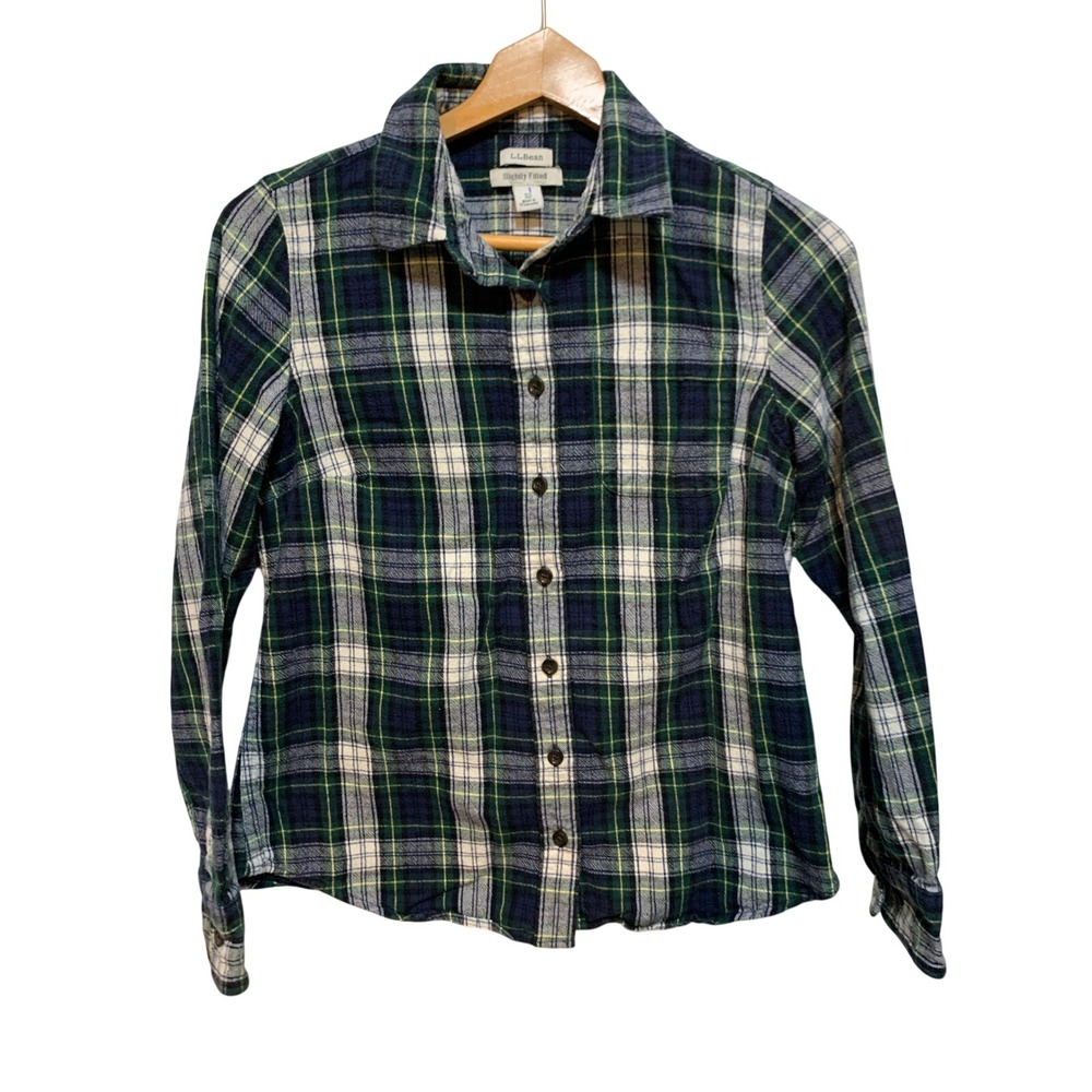 LLBean Scotch Plaid Flannel Shirt blue/green/white tartan XSP indie outdoor